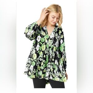 NWT Ellos Two Tier Tunic in Black with Green Print Size L (18-20)
